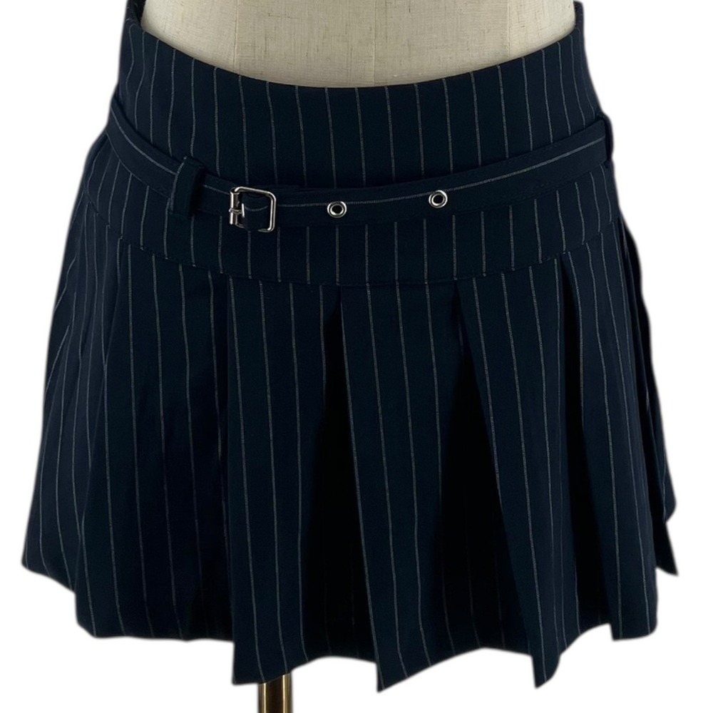 Y2K Navy Blue Pinstripe Pleated Mini Skort Dark Academia Preppy Belted M